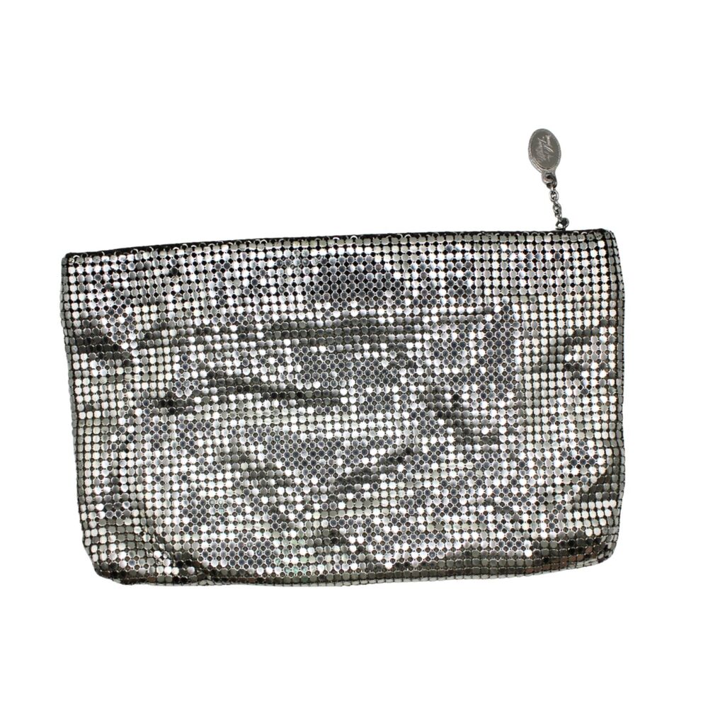 Vintage Whiting & Davis Silver Metal Mesh Evening Clutch Pouch 1970s